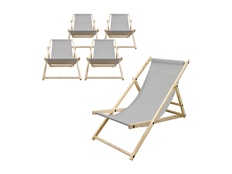 ECD Germany 5x Sillas de playa gris claro madera de pino tumbona 3 posiciones de reclinación hamaca plegable con tejido oxford impermeable carga 150kg