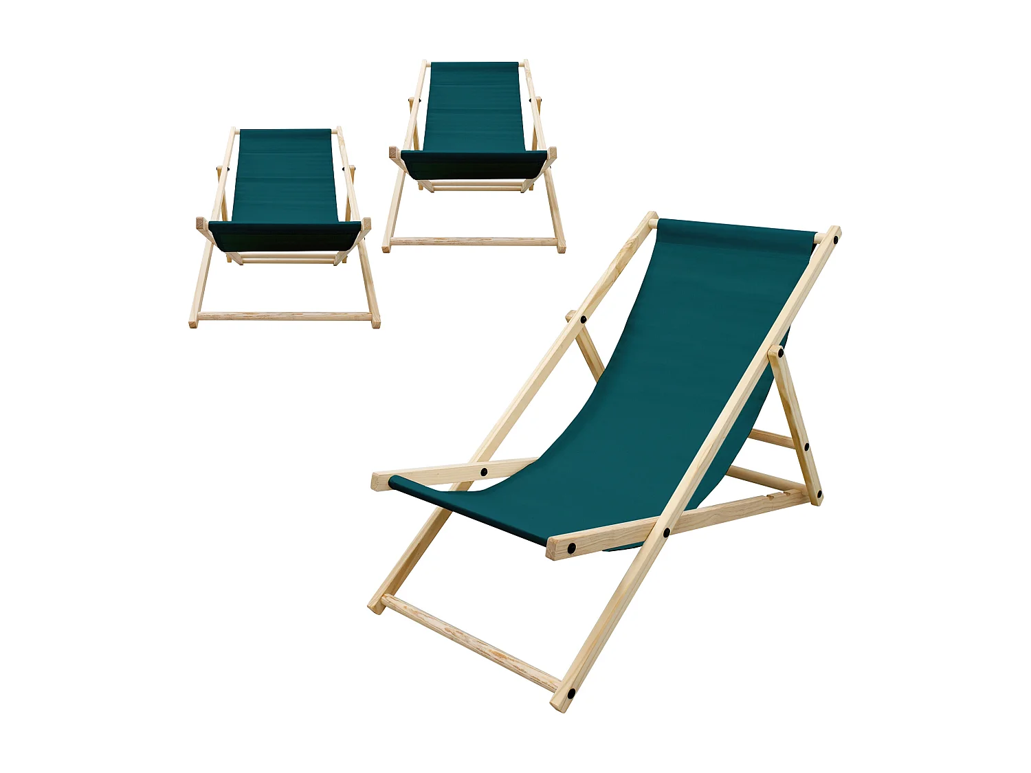 ECD Germany 3x Sillas de playa verde oscuro madera pino tumbona 3 posiciones de reclinación hamaca plegable con tejido oxford impermeable carga 150kg