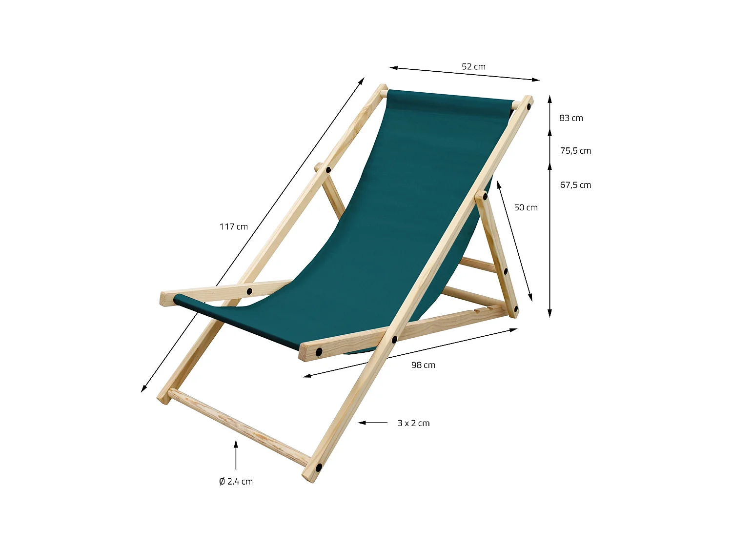 ECD Germany 3x Sillas de playa verde oscuro madera pino tumbona 3 posiciones de reclinación hamaca plegable con tejido oxford impermeable carga 150kg