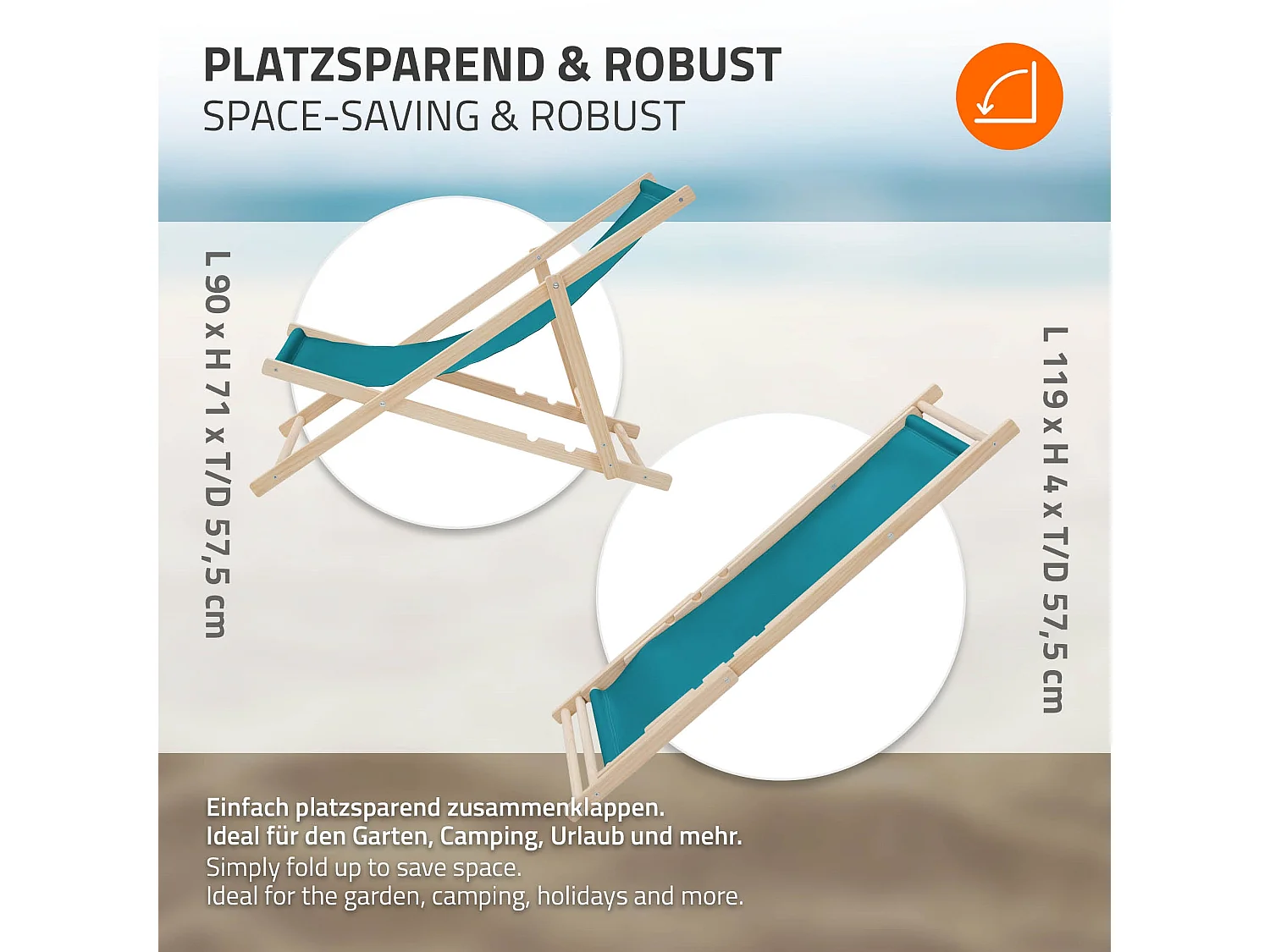 ECD Germany Set 3 sedie a sdraio petrolio in legno, schienale regolabile 3 posizioni, pieghevole fino a 120 kg esterno giardino spiaggia balcone