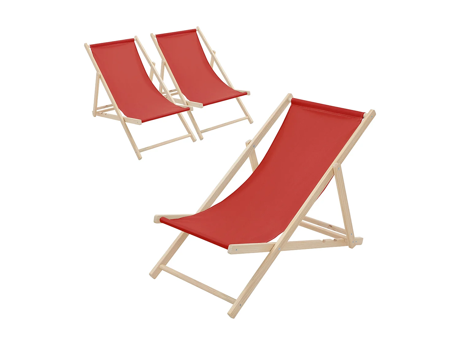 ECD Germany Set 3 sedie a sdraio rosso in legno, regolabile 3 posizioni, prendisole, pieghevoli, fino a 120 kg, esterno spiaggia giardino balcone