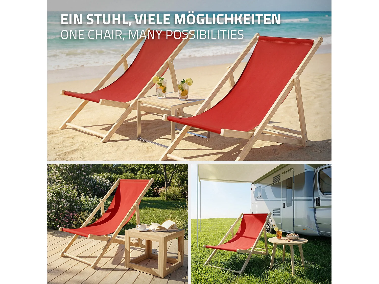 ECD Germany Set 3 sedie a sdraio rosso in legno, regolabile 3 posizioni, prendisole, pieghevoli, fino a 120 kg, esterno spiaggia giardino balcone