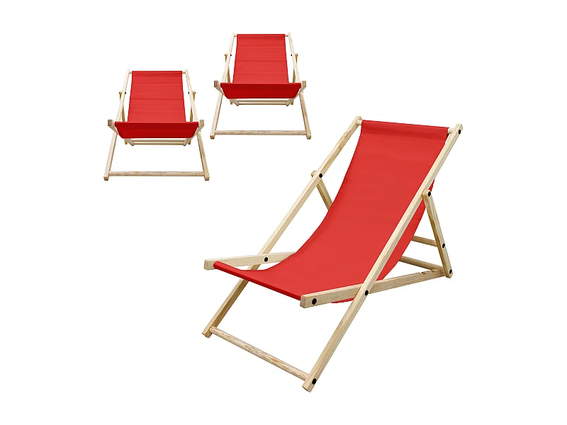 ECD Germany 3x Sillas de playa rojo madera de pino tumbona 3 posiciones de reclinación hamaca plegable con tejido oxford impermeable carga hasta 150kg