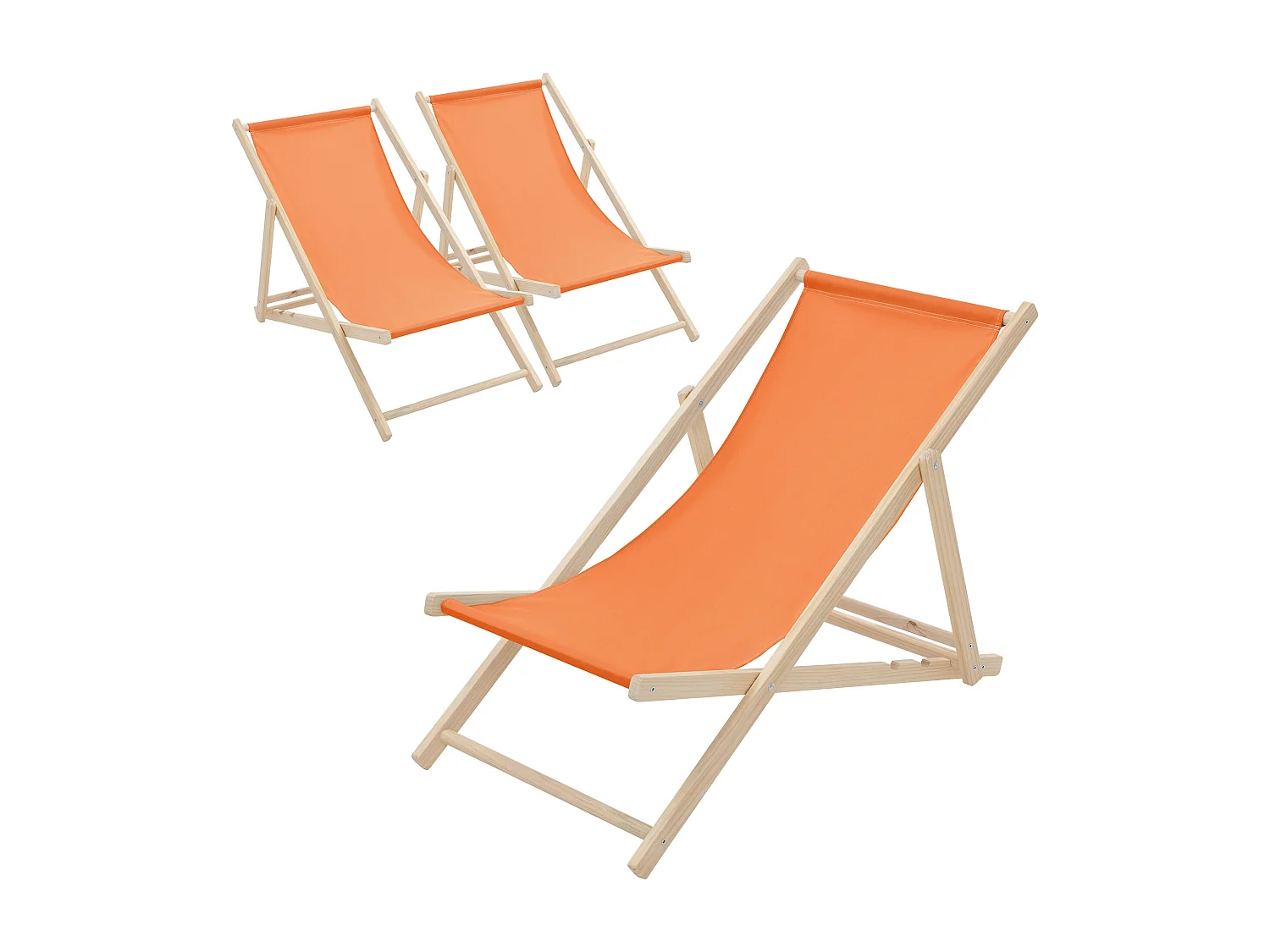 ECD Germany Set 3 sedie a sdraio arancione in legno, regolabile 3 posizioni, prendisole, pieghevoli, fino a 120 kg, esterno spiaggia giardino