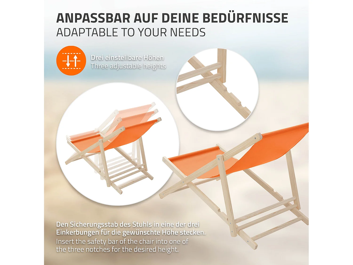 ECD Germany Set 3 sedie a sdraio arancione in legno, regolabile 3 posizioni, prendisole, pieghevoli, fino a 120 kg, esterno spiaggia giardino