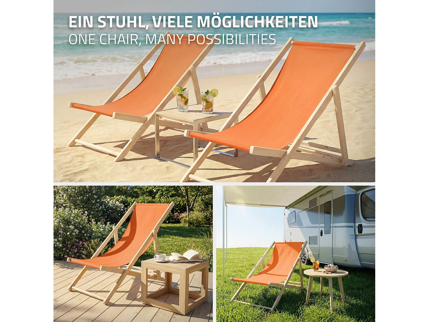 ECD Germany Set 3 sedie a sdraio arancione in legno, regolabile 3 posizioni, prendisole, pieghevoli, fino a 120 kg, esterno spiaggia giardino