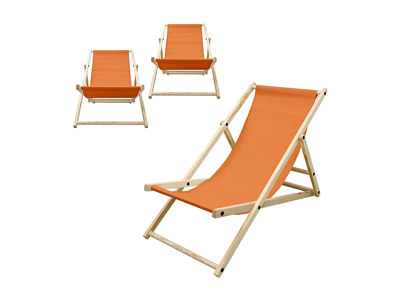 Set 3x Chaise longue de jardin pliable orange en bois chiliennes 3 positions de couchage jusqu'à 120 kg usage intérieur extérieur balcon terrasse