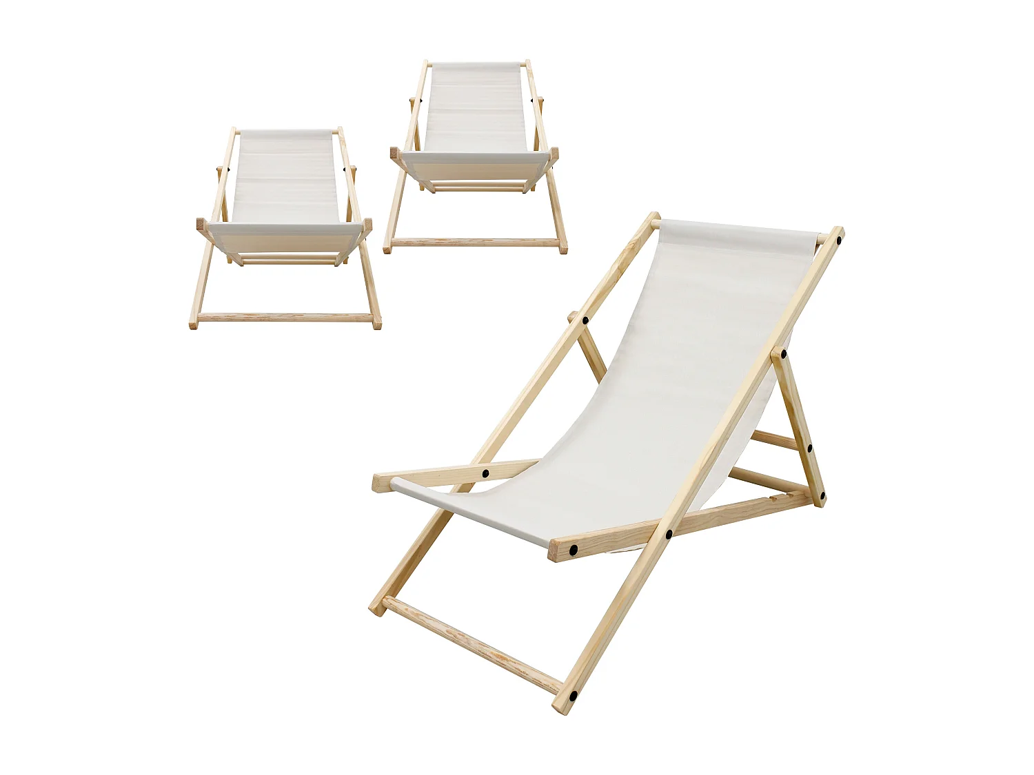 ECD Germany Set 3 sedie a sdraio beige in legno di pino, regolabile 3 posizioni, prendisole, pieghevoli, fino a 120 kg, esterno spiaggia giardino