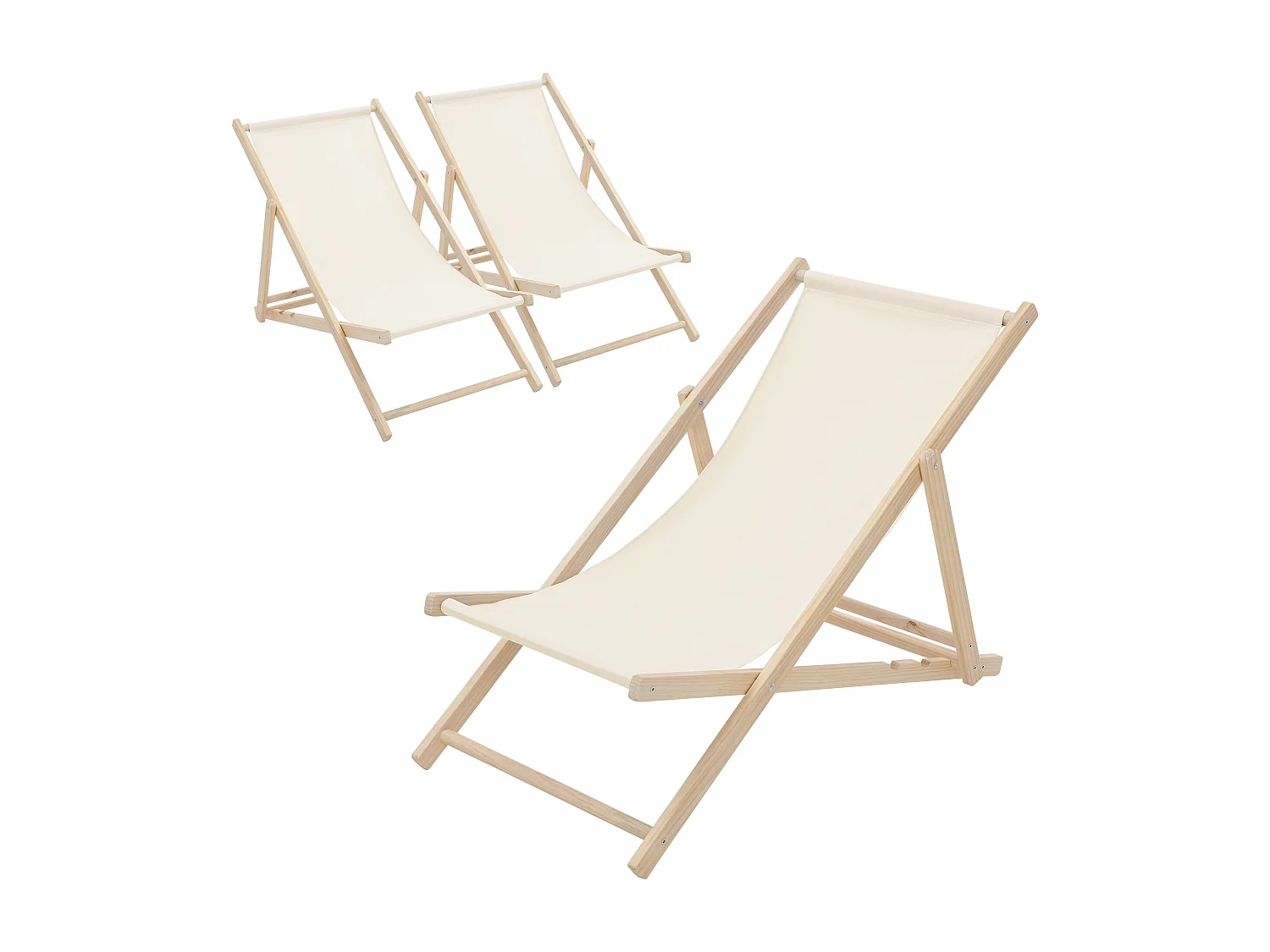 ECD Germany Set 3 sedie a sdraio beige in legno, regolabile 3 posizioni, prendisole, pieghevoli, fino a 120 kg, esterno spiaggia giardino balcone