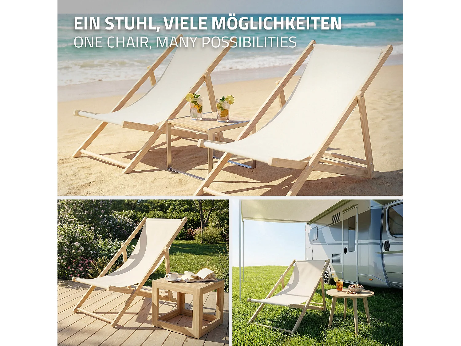 ECD Germany Set 3 sedie a sdraio beige in legno, regolabile 3 posizioni, prendisole, pieghevoli, fino a 120 kg, esterno spiaggia giardino balcone