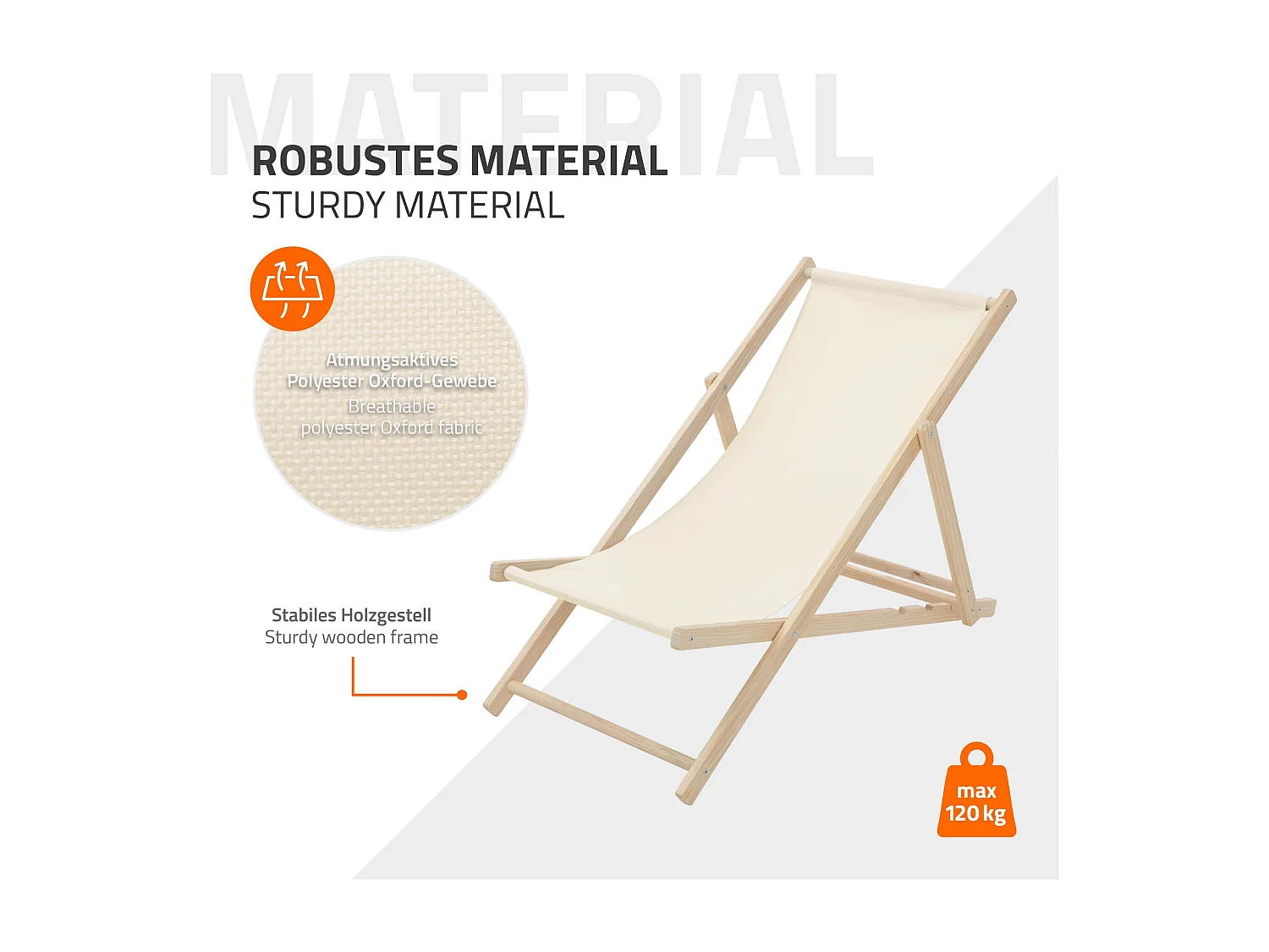 ECD Germany Set 3 sedie a sdraio beige in legno, regolabile 3 posizioni, prendisole, pieghevoli, fino a 120 kg, esterno spiaggia giardino balcone