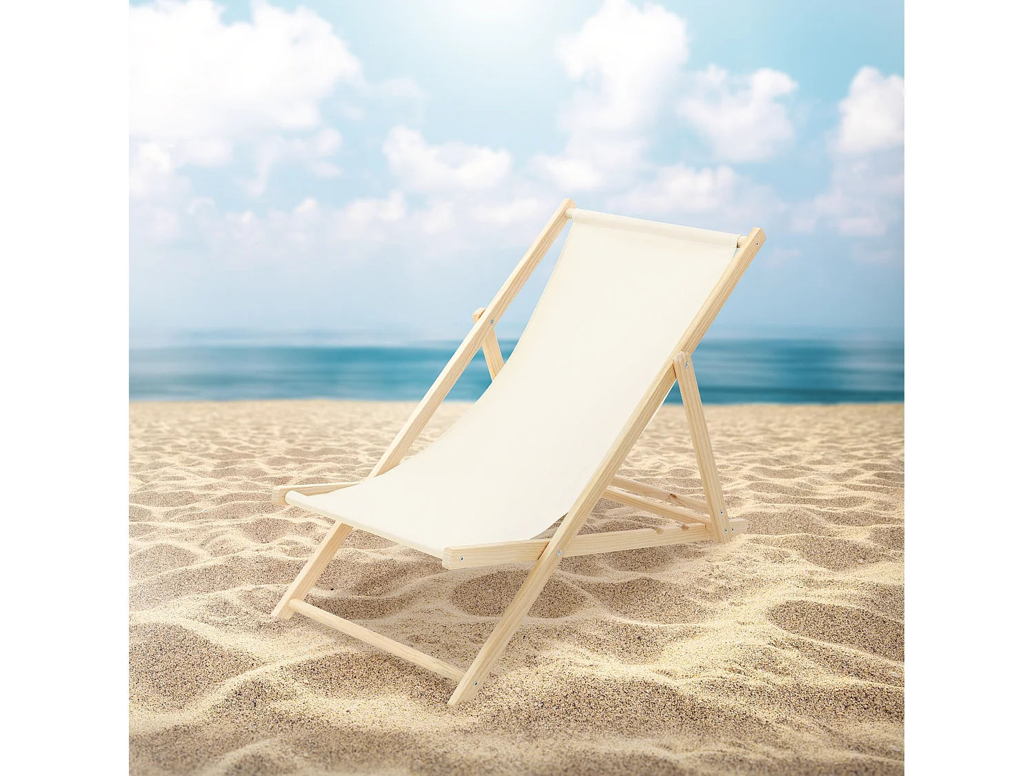 ECD Germany Set 3 sedie a sdraio beige in legno, regolabile 3 posizioni, prendisole, pieghevoli, fino a 120 kg, esterno spiaggia giardino balcone