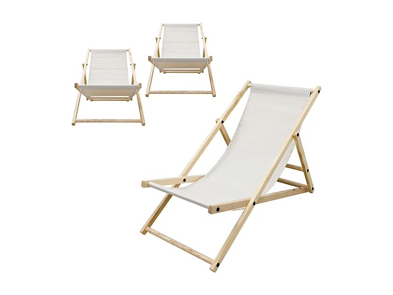 ECD Germany Set 3 sedie a sdraio beige in legno di pino, regolabile 3 posizioni, prendisole, pieghevoli, fino a 120 kg, esterno spiaggia giardino