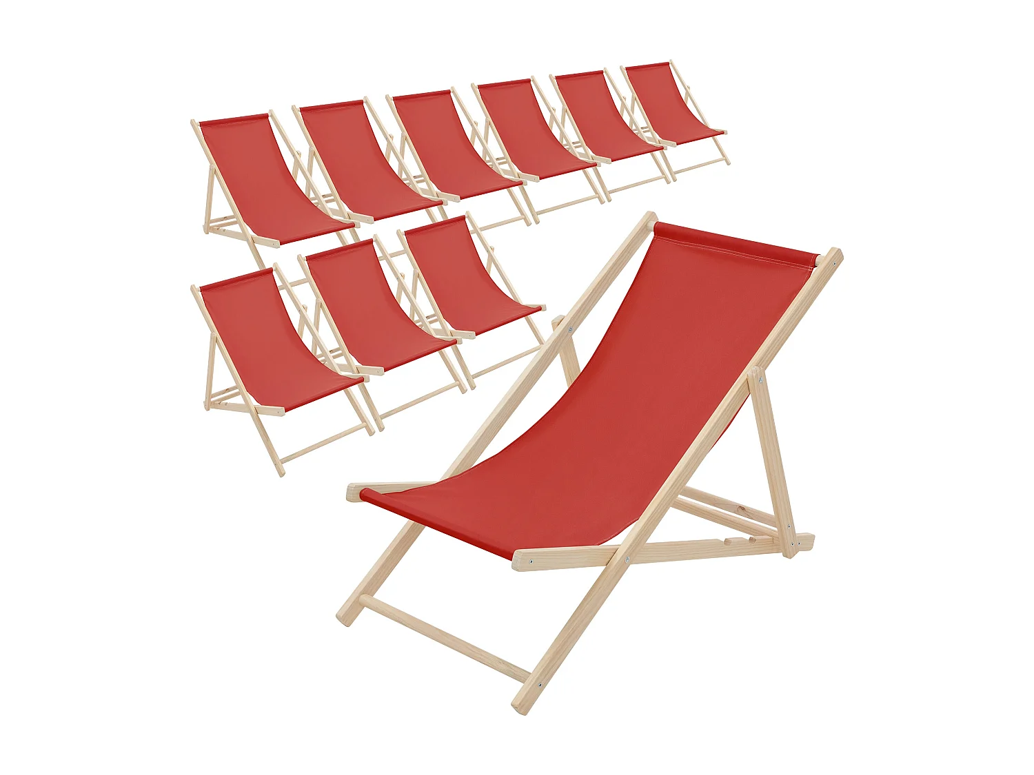 Set 10x Chaise longue de jardin pliable rouge en bois chiliennes 3 positions de couchage  jusqu'à 120 kg usage intérieur et extérieur balcon terrasse