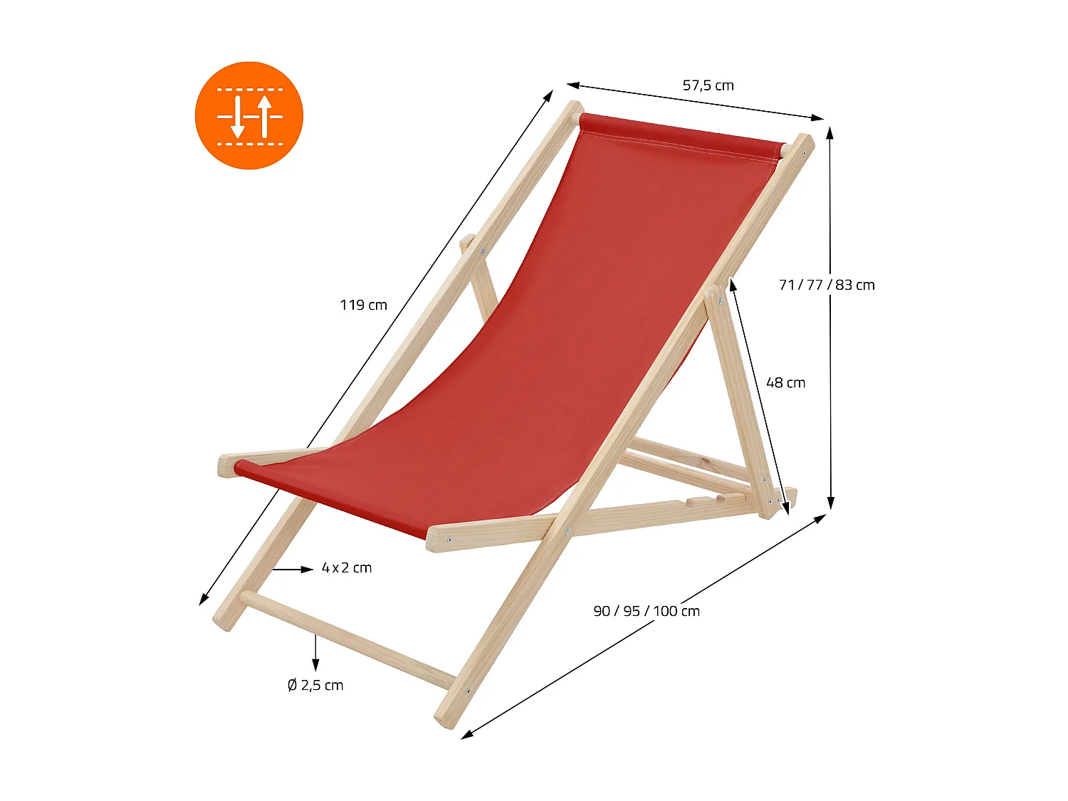 Set 10x Chaise longue de jardin pliable rouge en bois chiliennes 3 positions de couchage  jusqu'à 120 kg usage intérieur et extérieur balcon terrasse