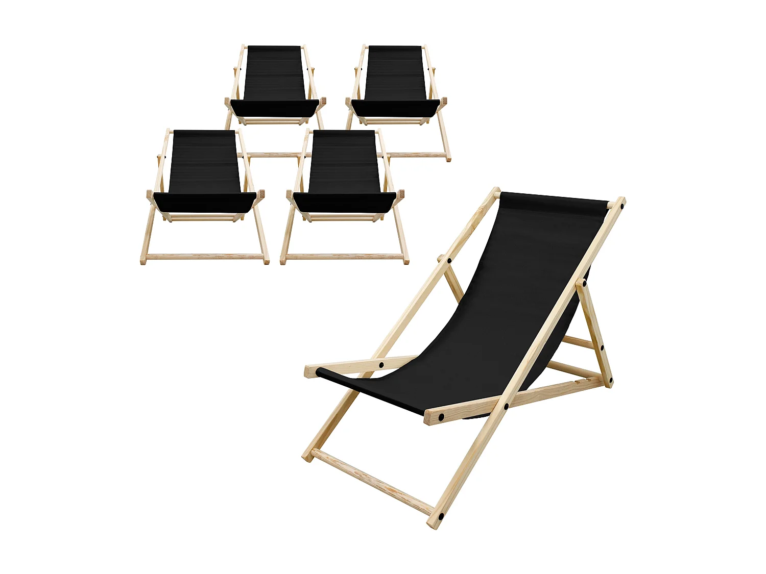 ECD Germany Set 5 sedie a sdraio nero in legno di pino, schienale regolabile 3 posizioni, pieghevole, fino a 120 kg, esterno giardino spiaggia