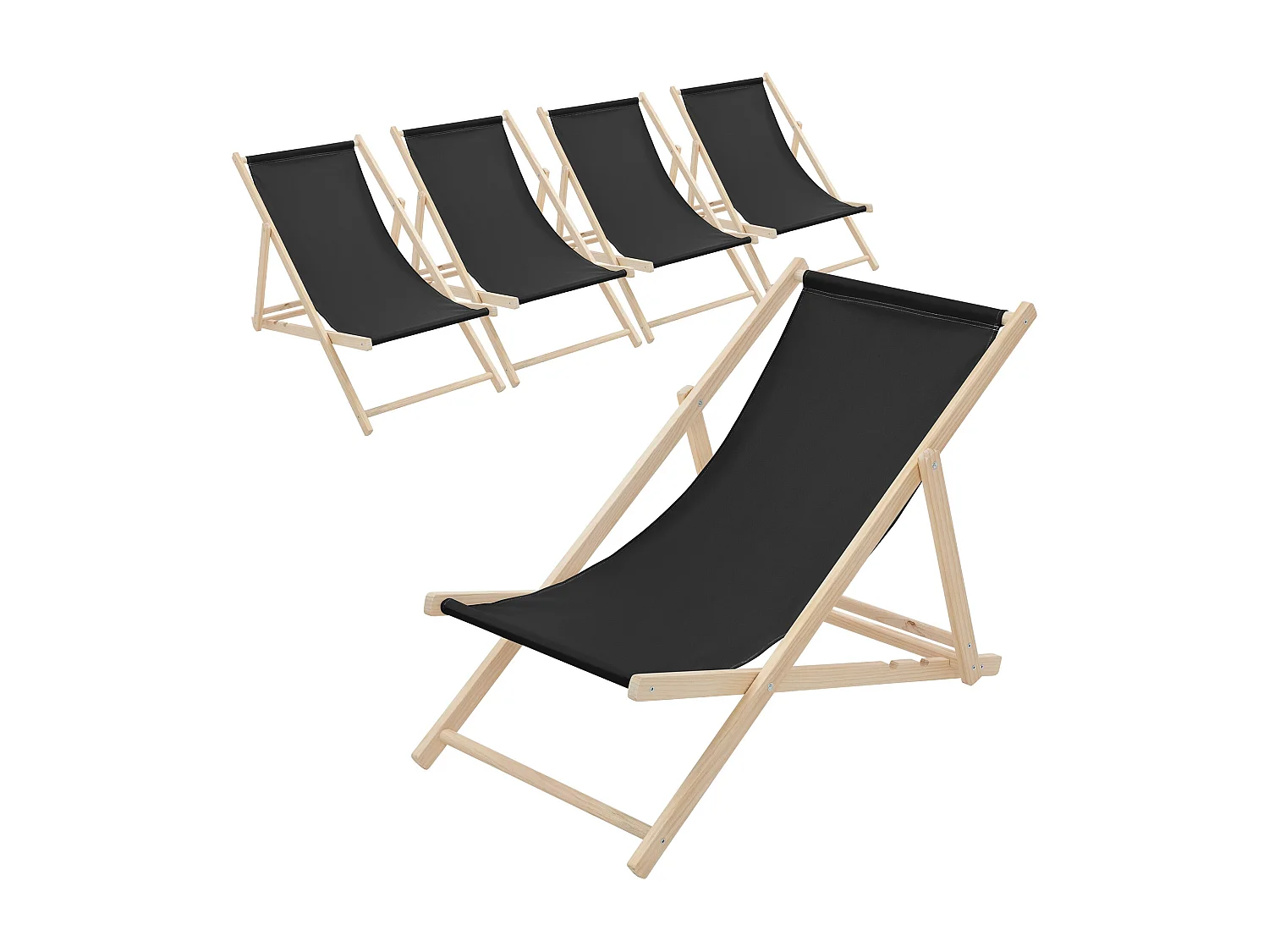 ECD Germany Set 5 sedie a sdraio nero in legno, schienale regolabile 3 posizioni, pieghevole, fino a 120 kg, esterno giardino balcone spiaggia