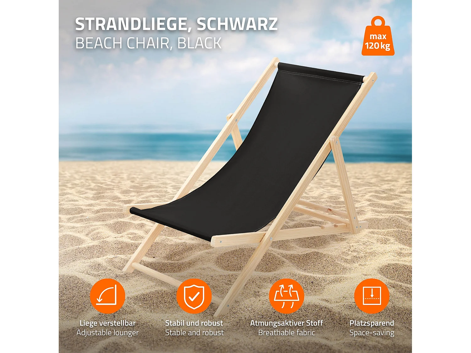 ECD Germany Set 5 sedie a sdraio nero in legno, schienale regolabile 3 posizioni, pieghevole, fino a 120 kg, esterno giardino balcone spiaggia