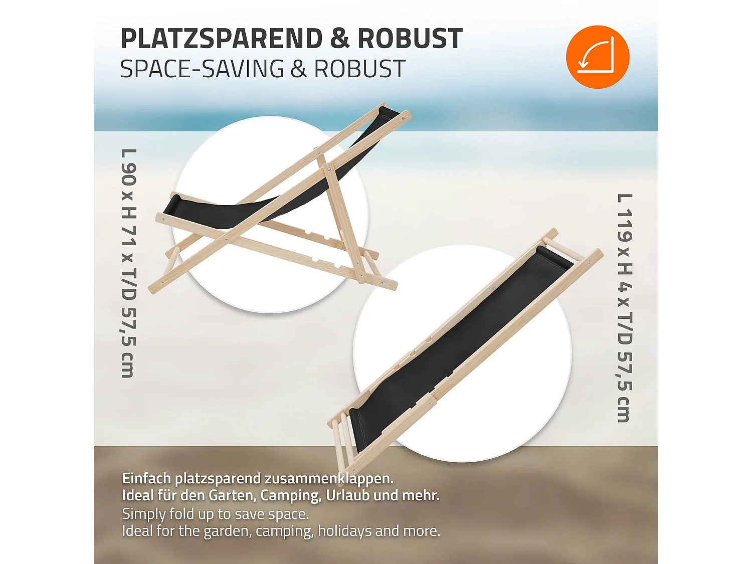 ECD Germany Set 5 sedie a sdraio nero in legno, schienale regolabile 3 posizioni, pieghevole, fino a 120 kg, esterno giardino balcone spiaggia