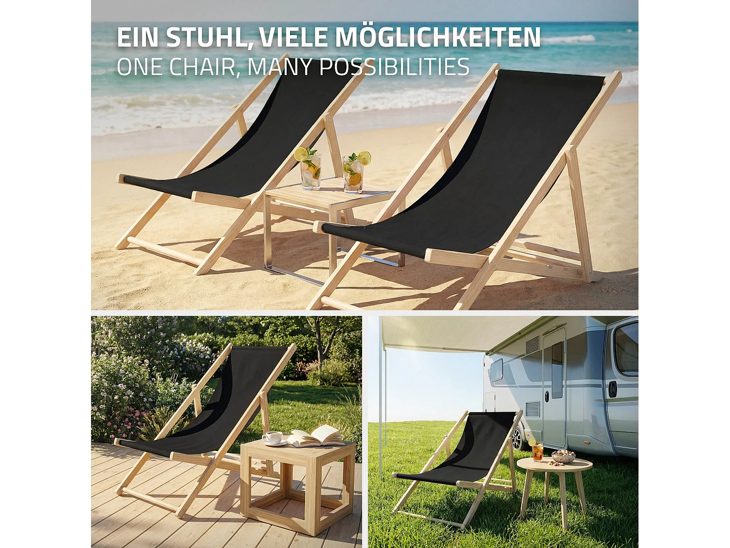 ECD Germany Set 5 sedie a sdraio nero in legno, schienale regolabile 3 posizioni, pieghevole, fino a 120 kg, esterno giardino balcone spiaggia