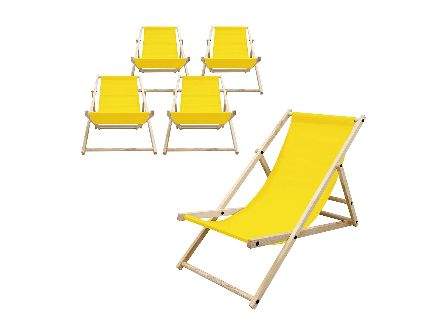 ECD Germany Set 5 sedie a sdraio gialle in legno di pino, regolabile 3 posizioni, prendisole, pieghevoli, fino a 120 kg, esterno spiaggia giardino