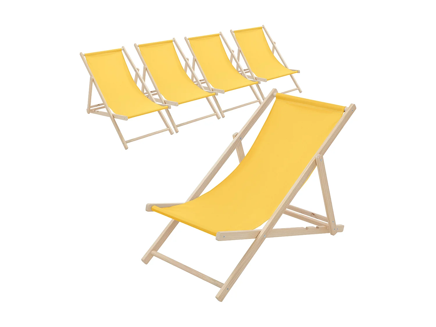 ECD Germany Set 5 sedie a sdraio gialle in legno, regolabile 3 posizioni, prendisole, pieghevoli, fino a 120 kg, esterno spiaggia giardino balcone