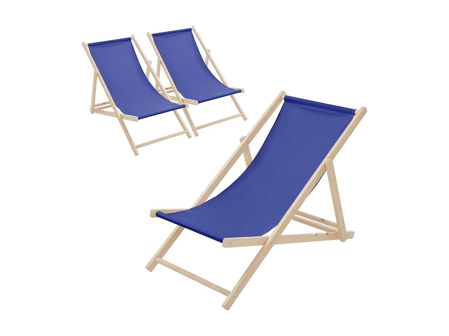 ECD Germany Set 3 sedie a sdraio blu scuro in legno, schienale regolabile 3 posizioni, pieghevole, fino a 120 kg, esterno giardino balcone spiaggia