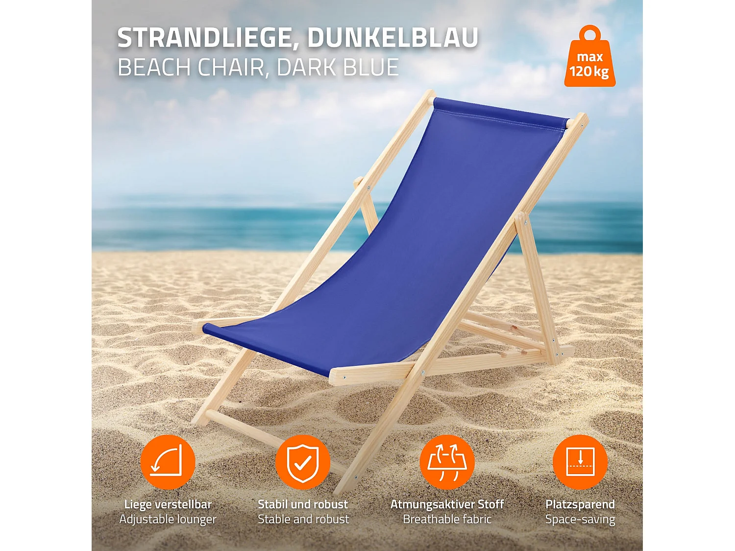 ECD Germany Set 3 sedie a sdraio blu scuro in legno, schienale regolabile 3 posizioni, pieghevole, fino a 120 kg, esterno giardino balcone spiaggia