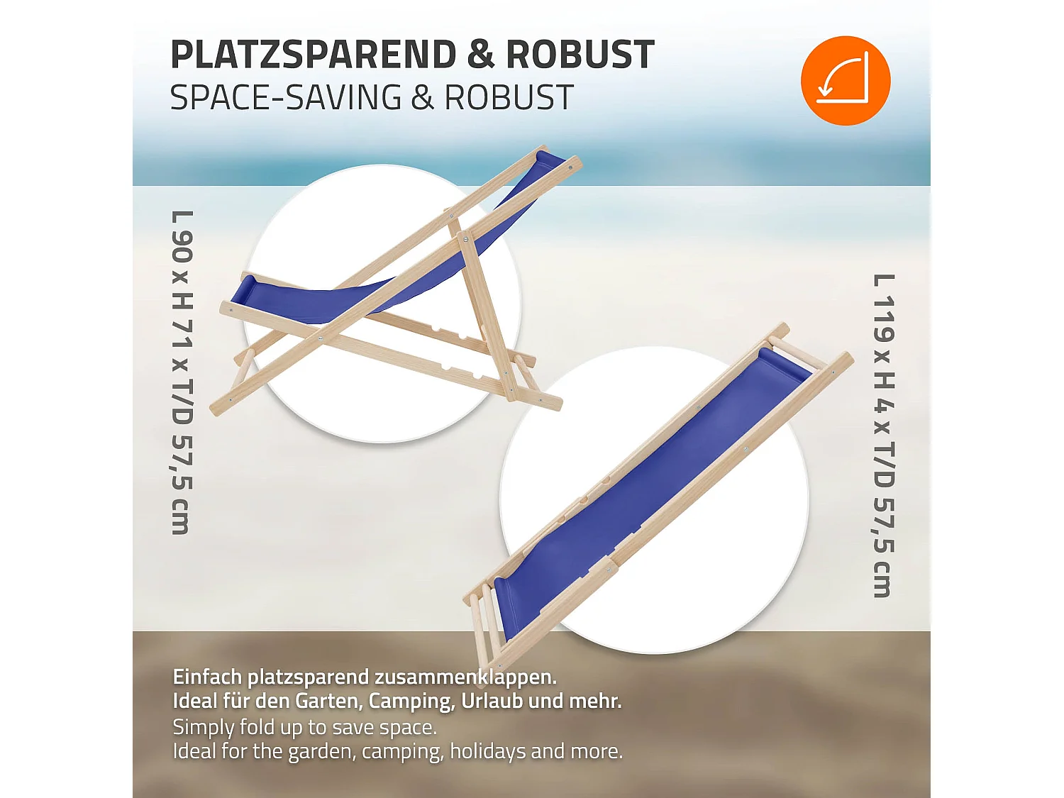 ECD Germany Set 3 sedie a sdraio blu scuro in legno, schienale regolabile 3 posizioni, pieghevole, fino a 120 kg, esterno giardino balcone spiaggia