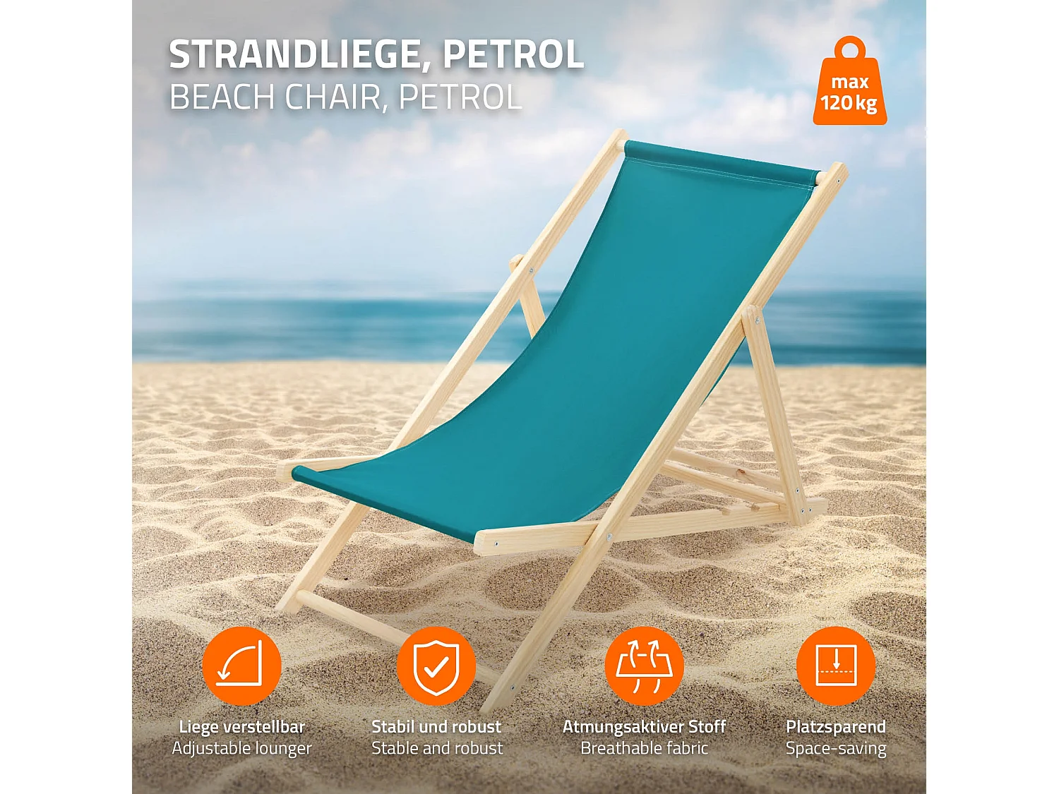 Set 4x Chaise longue de jardin pliable pétrole en bois chiliennes 3 positions de couchage  jusqu'à 120 kg usage intérieur et extérieur balcon terrasse