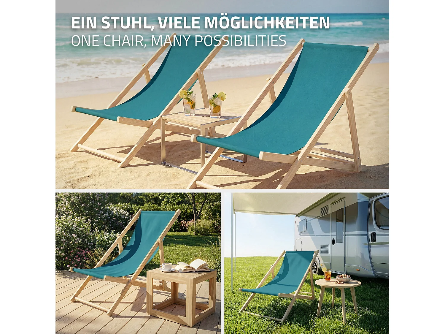 Set 4x Chaise longue de jardin pliable pétrole en bois chiliennes 3 positions de couchage  jusqu'à 120 kg usage intérieur et extérieur balcon terrasse