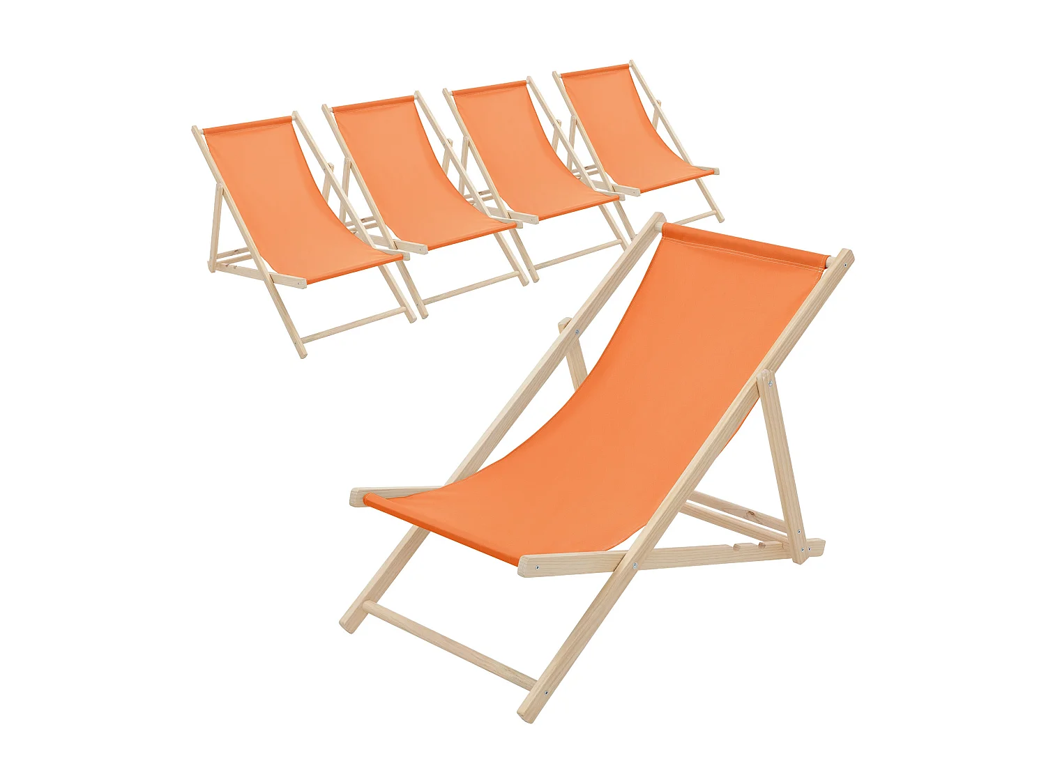 ECD Germany Set 5 sedie a sdraio arancione in legno, regolabile 3 posizioni, prendisole, pieghevoli, fino a 120 kg, esterno spiaggia giardino