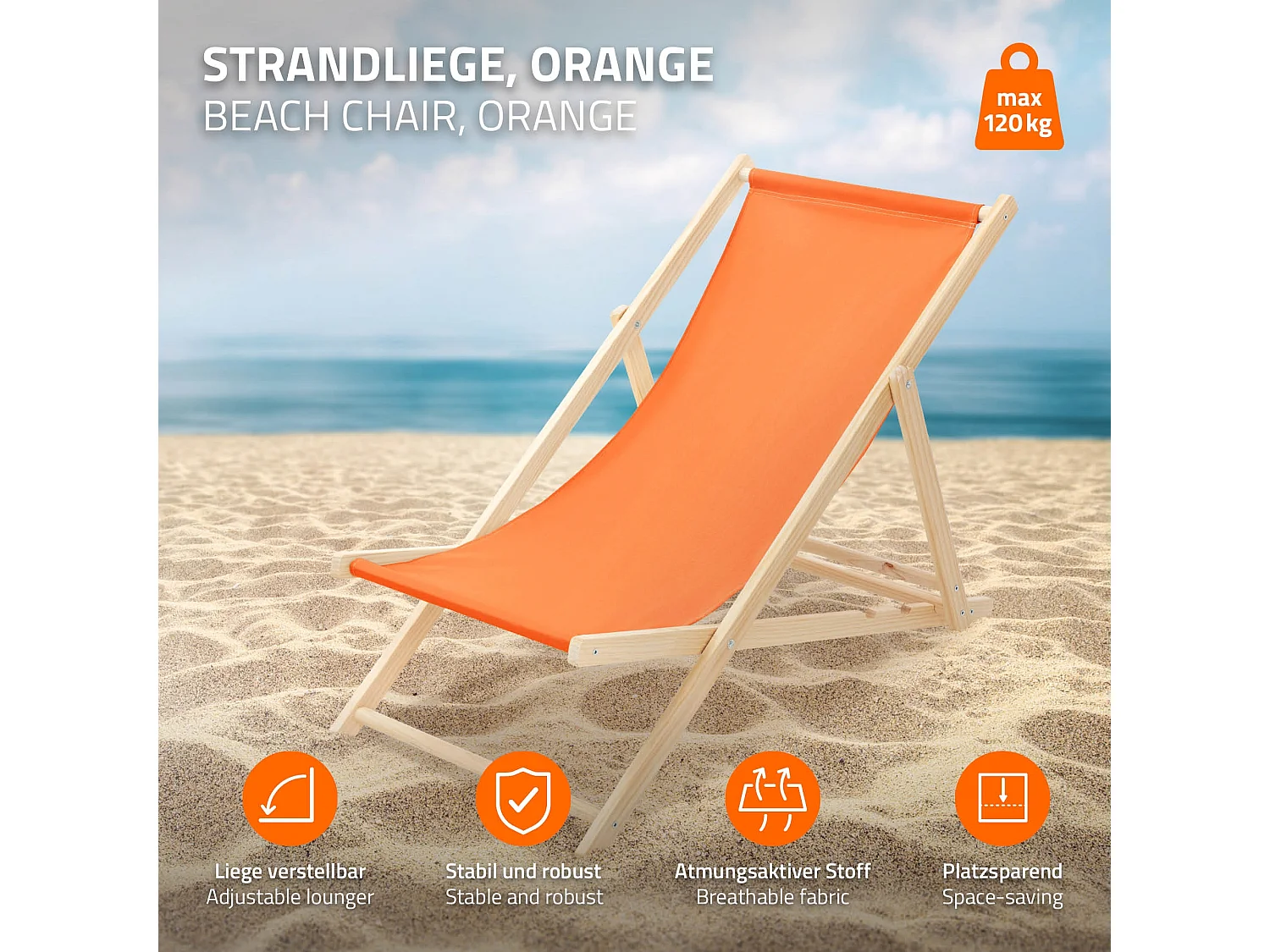 ECD Germany Set 5 sedie a sdraio arancione in legno, regolabile 3 posizioni, prendisole, pieghevoli, fino a 120 kg, esterno spiaggia giardino