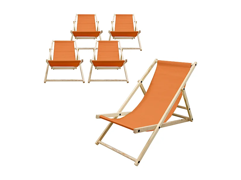 Set 5x Chaise longue de jardin pliable orange en bois chiliennes 3 positions de couchage jusqu'à 120 kg usage intérieur extérieur balcon terrasse