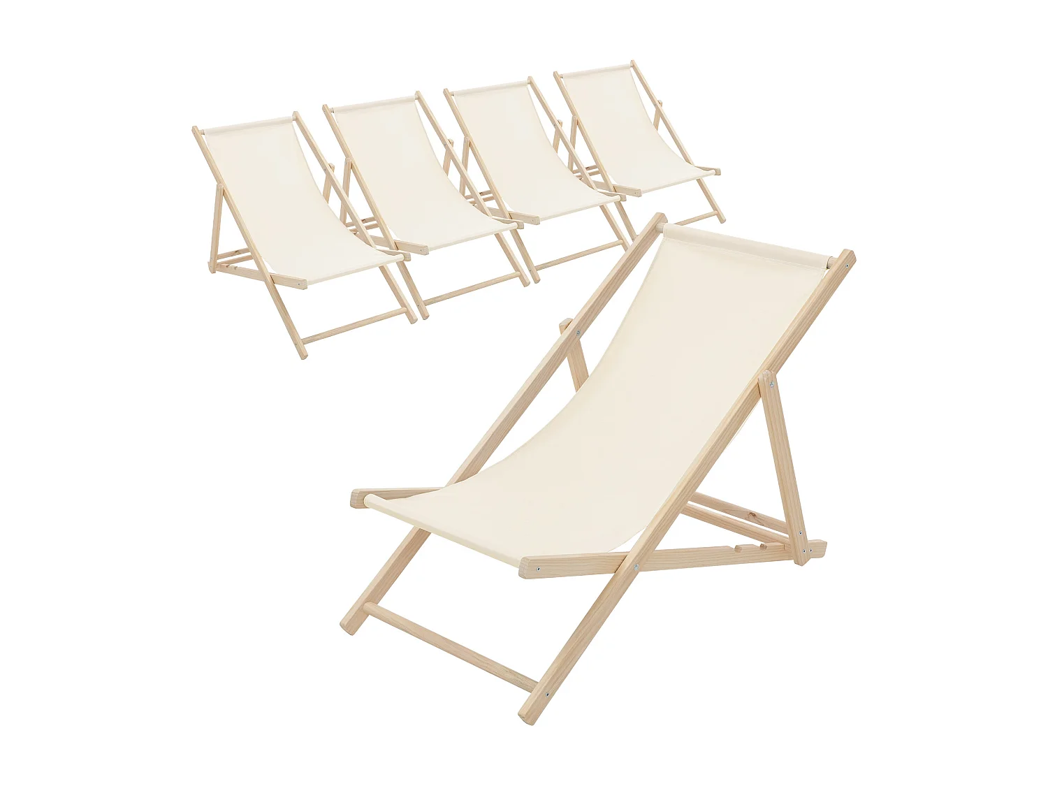 ECD Germany Set 5 sedie a sdraio beige in legno, regolabile 3 posizioni, prendisole, pieghevoli, fino a 120 kg, esterno spiaggia giardino balcone