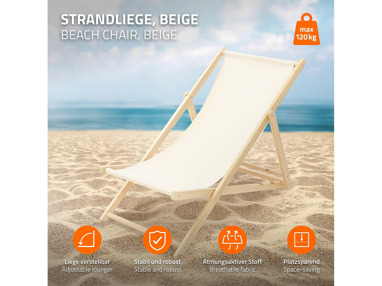 ECD Germany Set 5 sedie a sdraio beige in legno, regolabile 3 posizioni, prendisole, pieghevoli, fino a 120 kg, esterno spiaggia giardino balcone