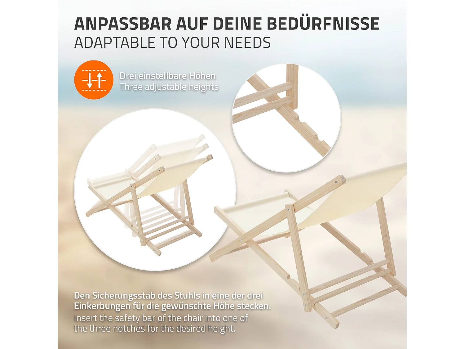 ECD Germany Set 5 sedie a sdraio beige in legno, regolabile 3 posizioni, prendisole, pieghevoli, fino a 120 kg, esterno spiaggia giardino balcone