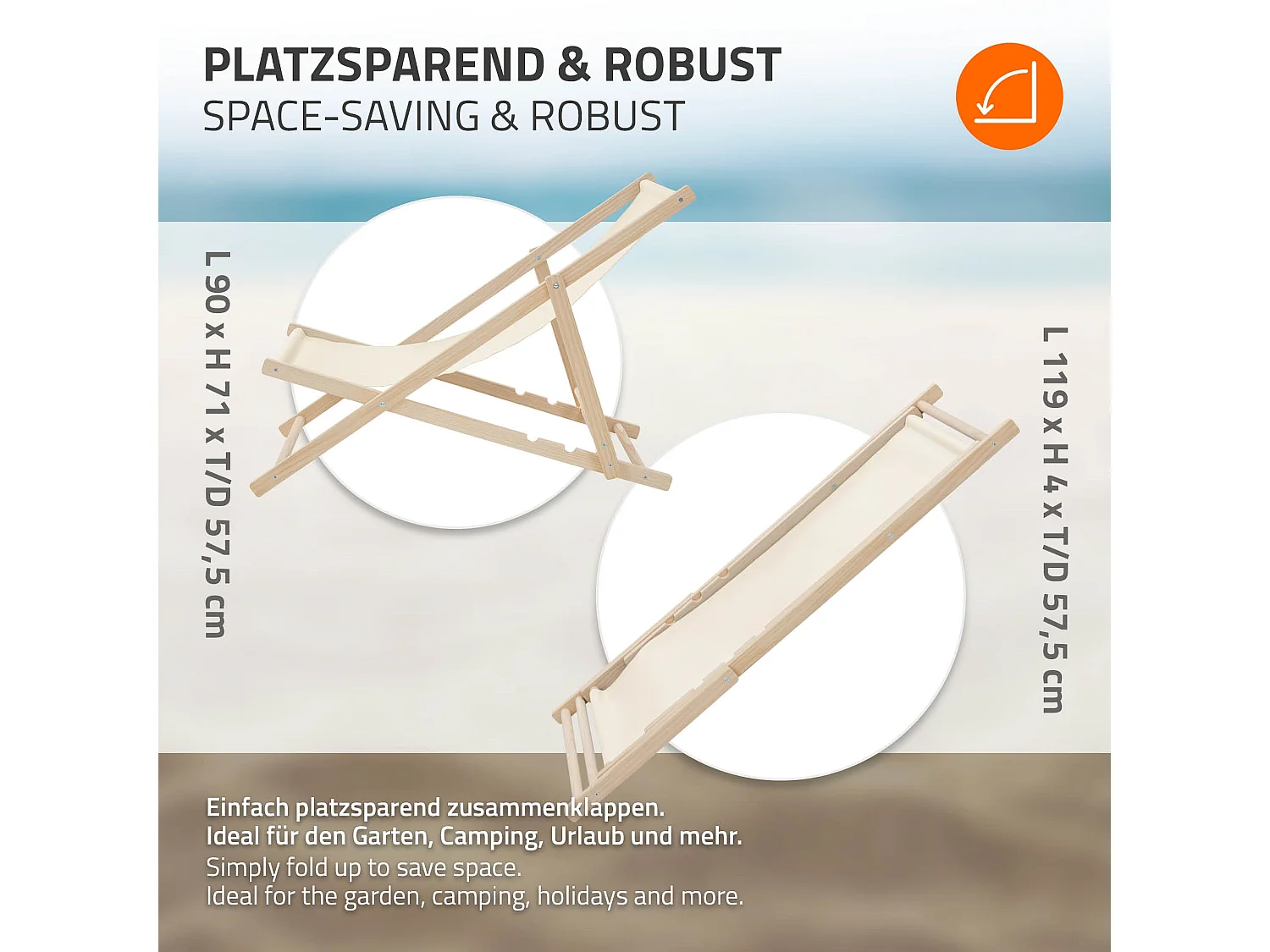 ECD Germany Set 5 sedie a sdraio beige in legno, regolabile 3 posizioni, prendisole, pieghevoli, fino a 120 kg, esterno spiaggia giardino balcone