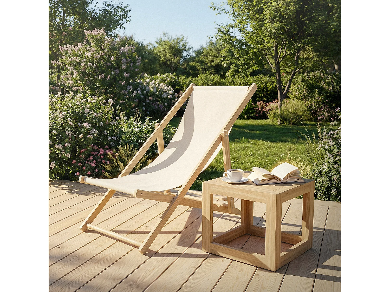 ECD Germany Set 5 sedie a sdraio beige in legno, regolabile 3 posizioni, prendisole, pieghevoli, fino a 120 kg, esterno spiaggia giardino balcone