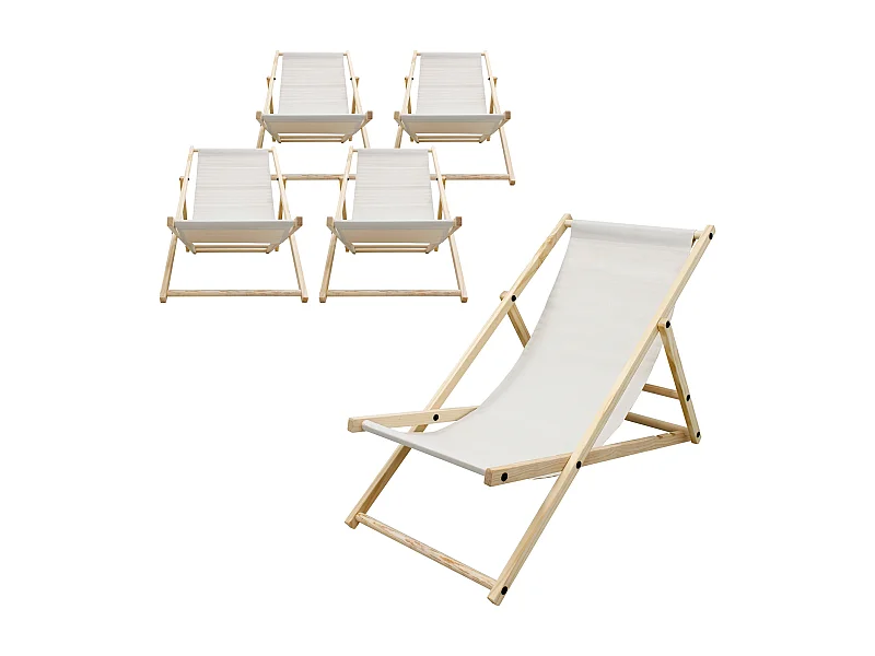 ECD Germany Set 5 sedie a sdraio beige in legno di pino, regolabile 3 posizioni, prendisole, pieghevoli, fino a 120 kg, esterno spiaggia giardino