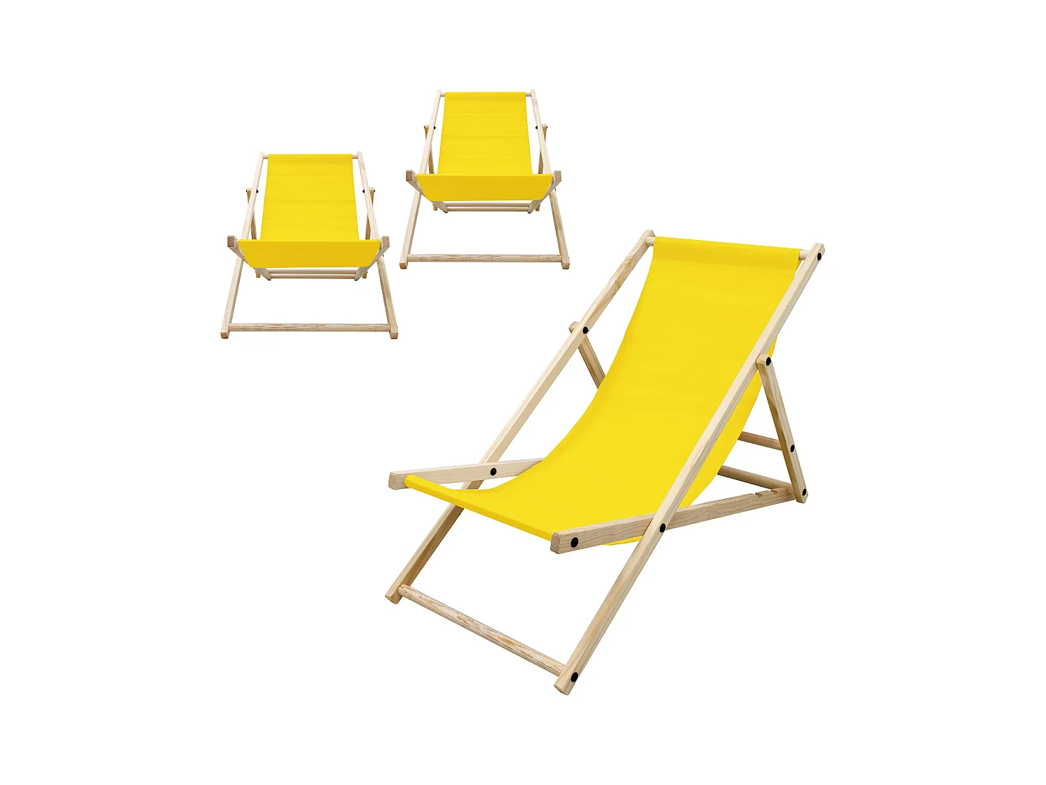 Set 3x Chaise longue de jardin pliable jaune en bois chiliennes 3 positions de couchage  jusqu'à 120 kg usage intérieur et extérieur balcon terrasse
