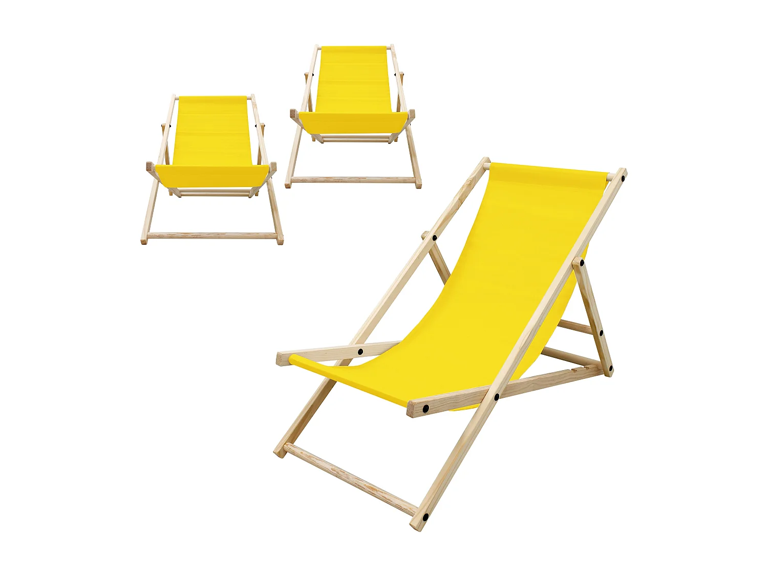 Set 3x Chaise longue de jardin pliable jaune en bois chiliennes 3 positions de couchage  jusqu'à 120 kg usage intérieur et extérieur balcon terrasse