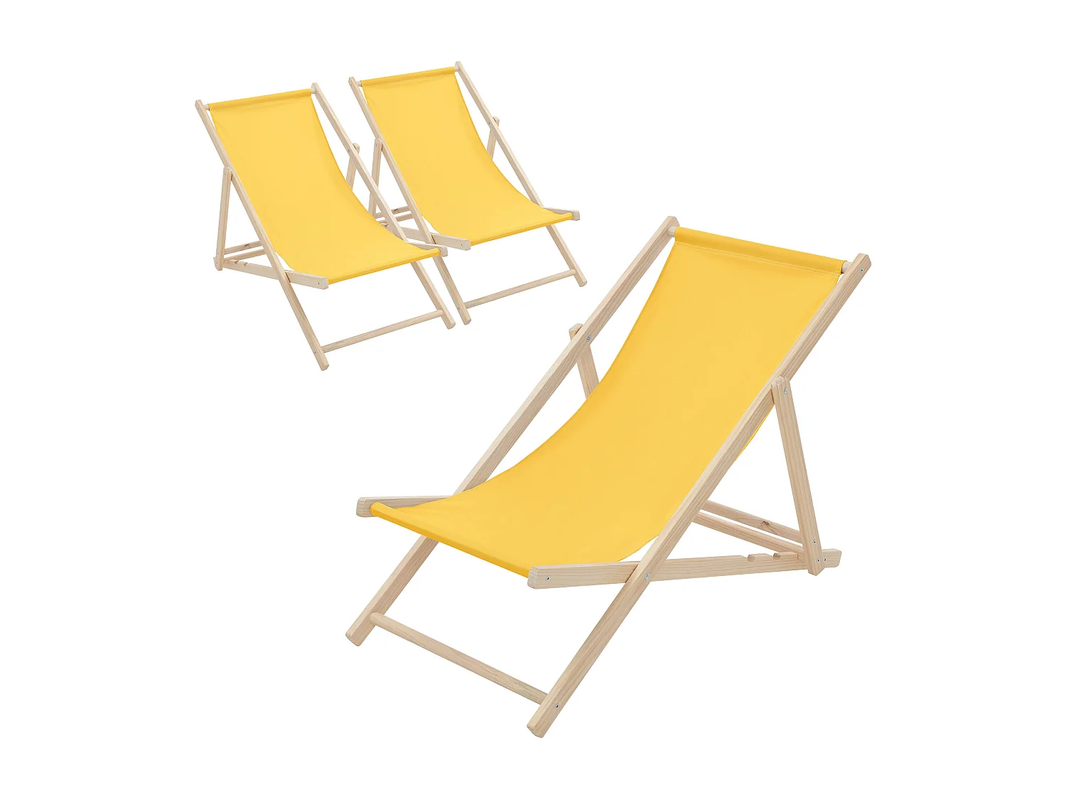 ECD Germany Set 3 sedie a sdraio gialle in legno, regolabile 3 posizioni, prendisole, pieghevoli, fino a 120 kg, esterno spiaggia giardino balcone