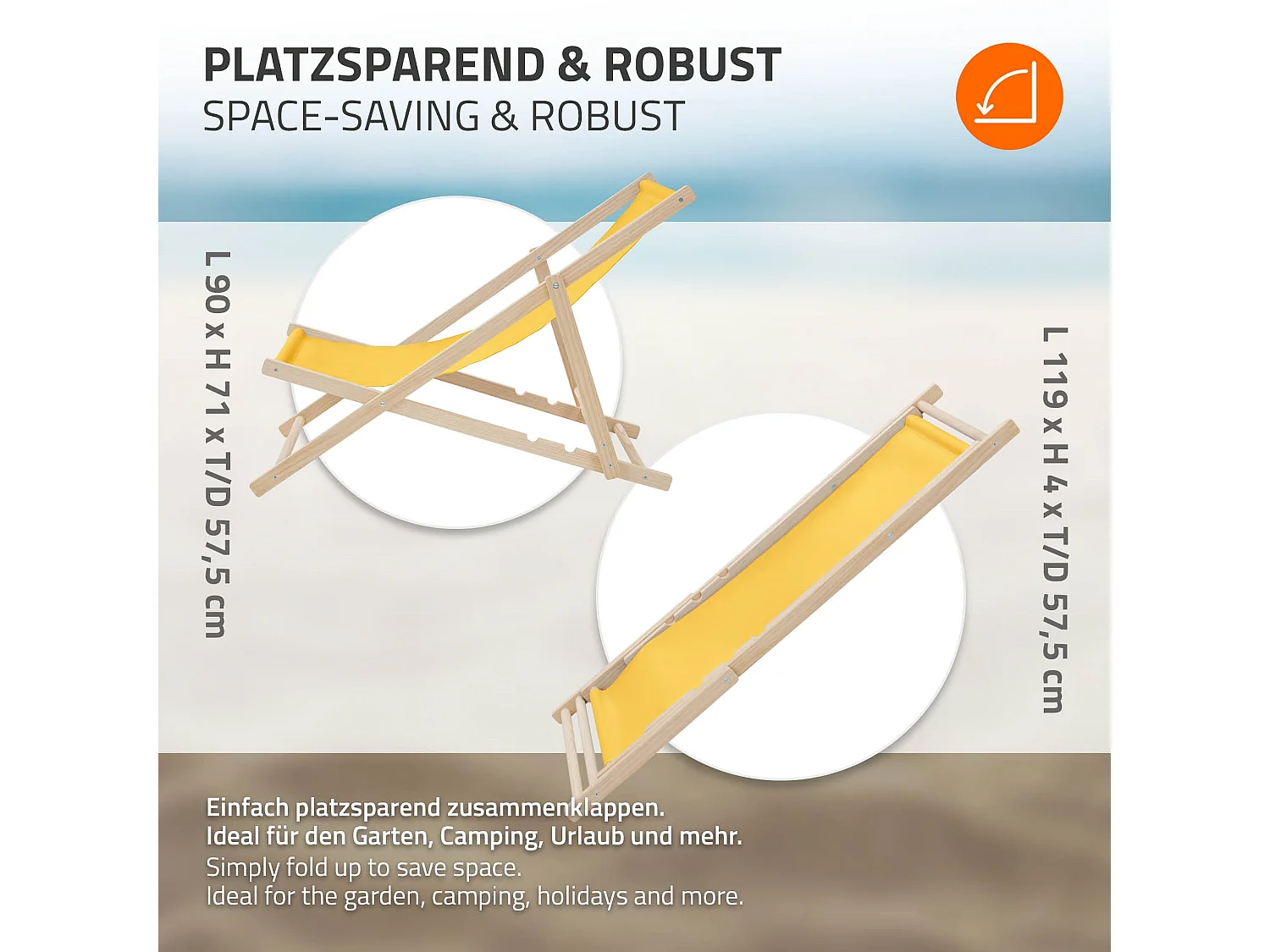 ECD Germany Set 3 sedie a sdraio gialle in legno, regolabile 3 posizioni, prendisole, pieghevoli, fino a 120 kg, esterno spiaggia giardino balcone