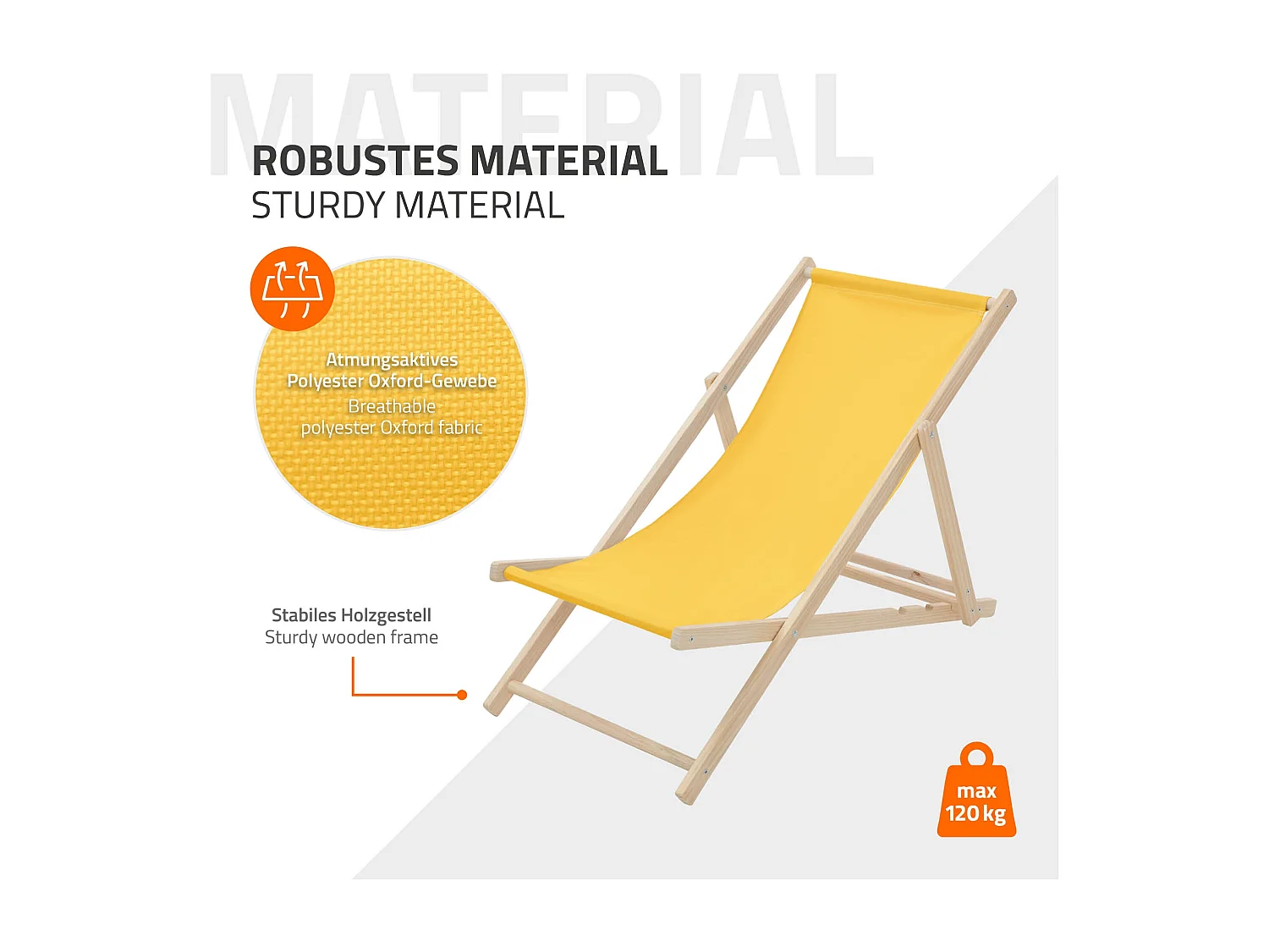 ECD Germany Set 3 sedie a sdraio gialle in legno, regolabile 3 posizioni, prendisole, pieghevoli, fino a 120 kg, esterno spiaggia giardino balcone