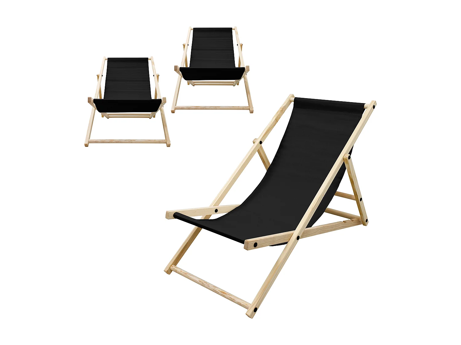 ECD Germany 3x Silla de playa negra madera de pino tumbona 3 posiciones de reclinación hamaca plegable con tejido oxford impermeable carga hasta 150kg