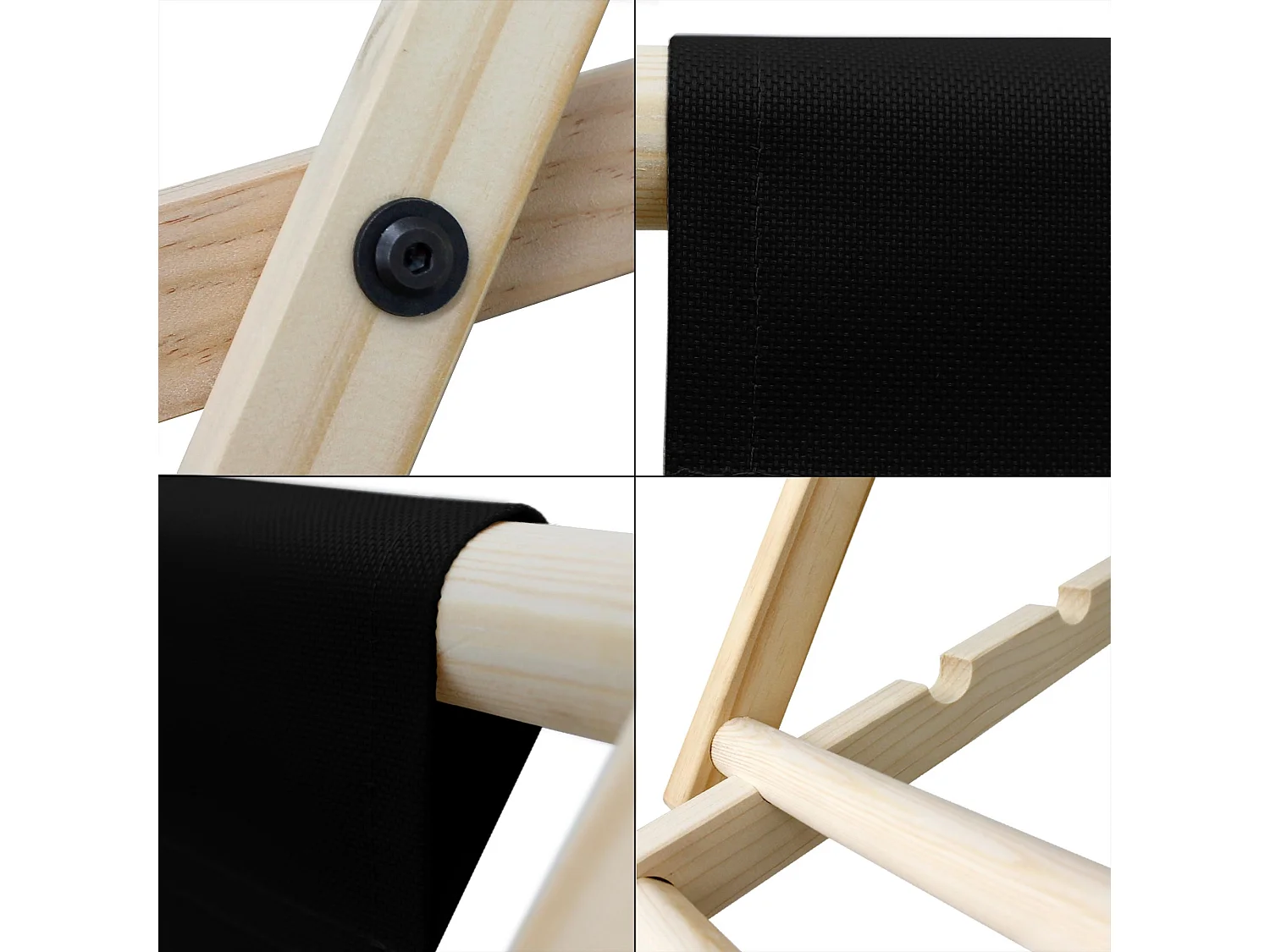 ECD Germany 3x Silla de playa negra madera de pino tumbona 3 posiciones de reclinación hamaca plegable con tejido oxford impermeable carga hasta 150kg