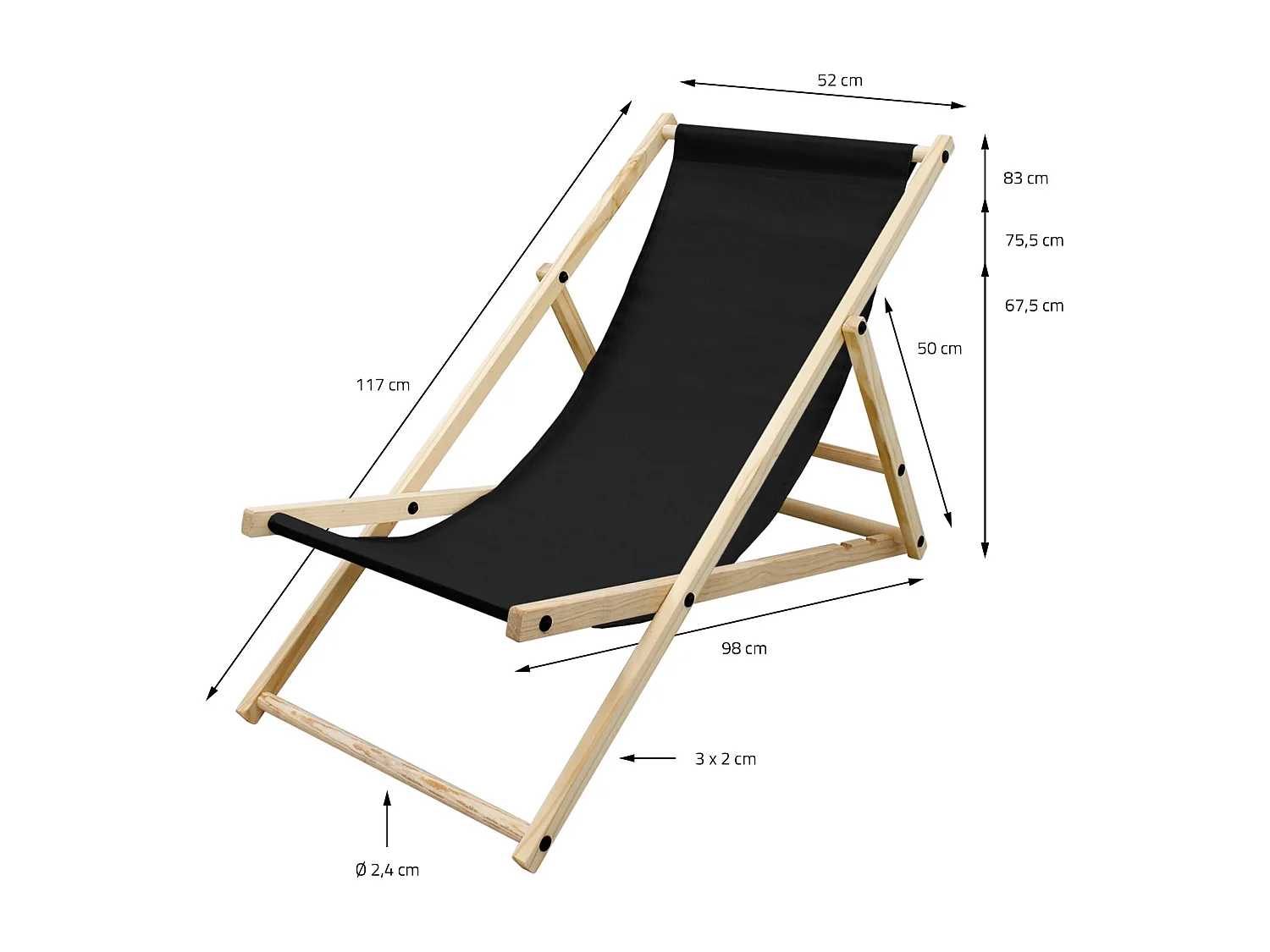 ECD Germany 3x Silla de playa negra madera de pino tumbona 3 posiciones de reclinación hamaca plegable con tejido oxford impermeable carga hasta 150kg