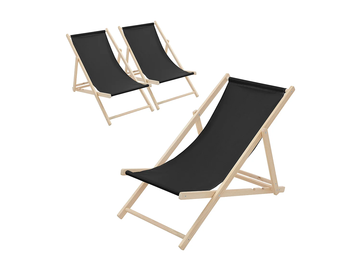 ECD Germany Set 3 sedie a sdraio nero in legno, schienale regolabile 3 posizioni, pieghevole, fino a 120 kg, esterno giardino balcone spiaggia