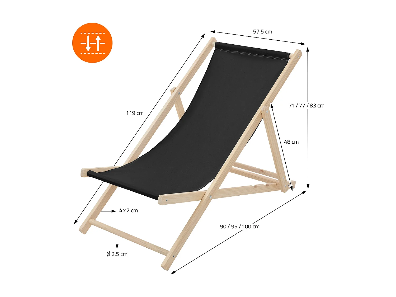 ECD Germany Set 3 sedie a sdraio nero in legno, schienale regolabile 3 posizioni, pieghevole, fino a 120 kg, esterno giardino balcone spiaggia